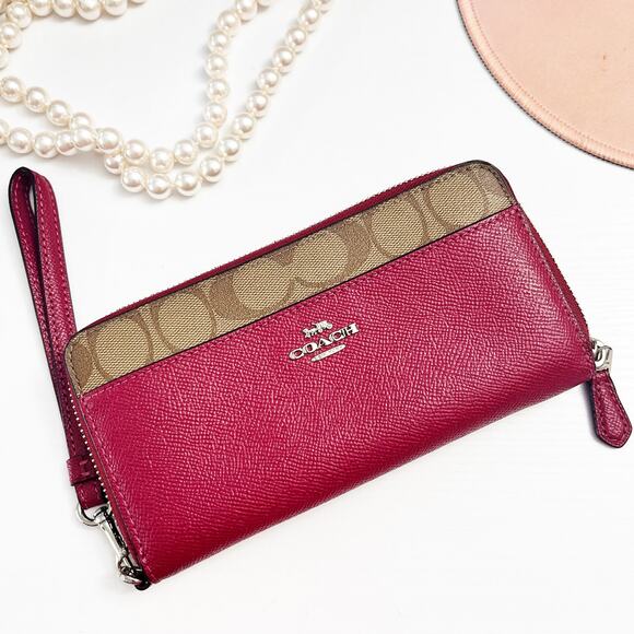 Coach Burgundy Accordion Zip Wallet with Canvas Detail - Picture 1 of 6